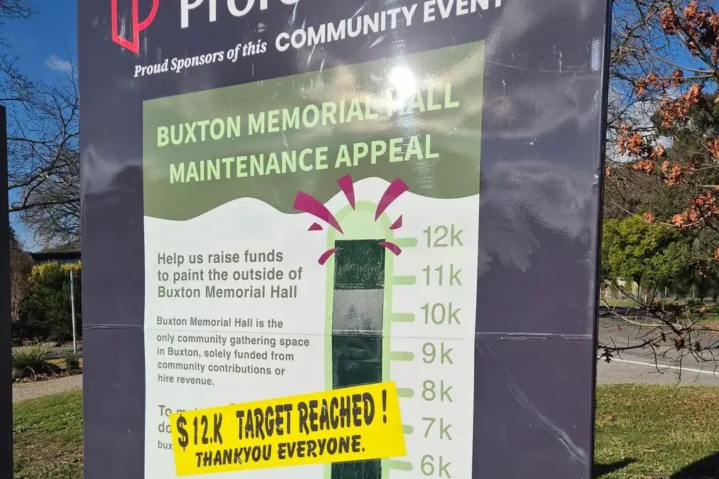 <p>COMMUNITY SPIRIT: The sign showing how much money had been raised in the Buxton Hall Maintenance Appeal.</p>\\n