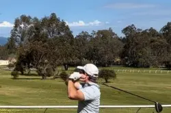 <p>CAPTAIN VERSUS PRESIDENT: Ben Jack teeing off on the 15th before finishing second to winner Dan Burns.</p>\\n