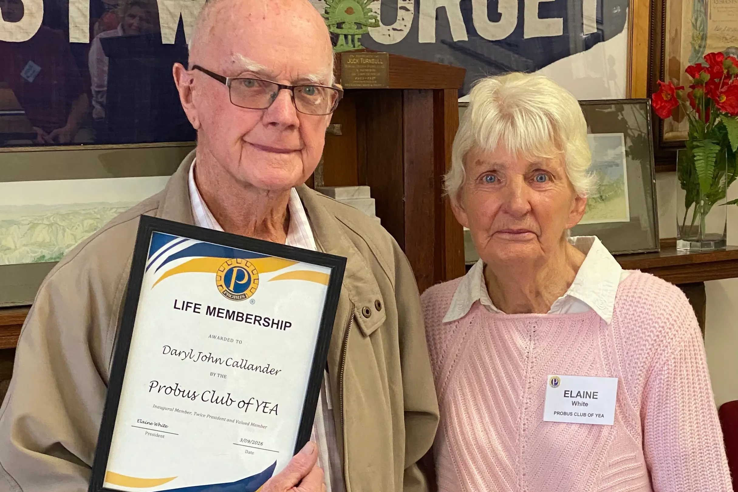 <p>YEA PROBUS LIFE MEMBERSHIP: Daryl Callendar with Probus President Elaine White. Daryl was awarded the club\\u2019s inaugural Life Membership.</p>\\n