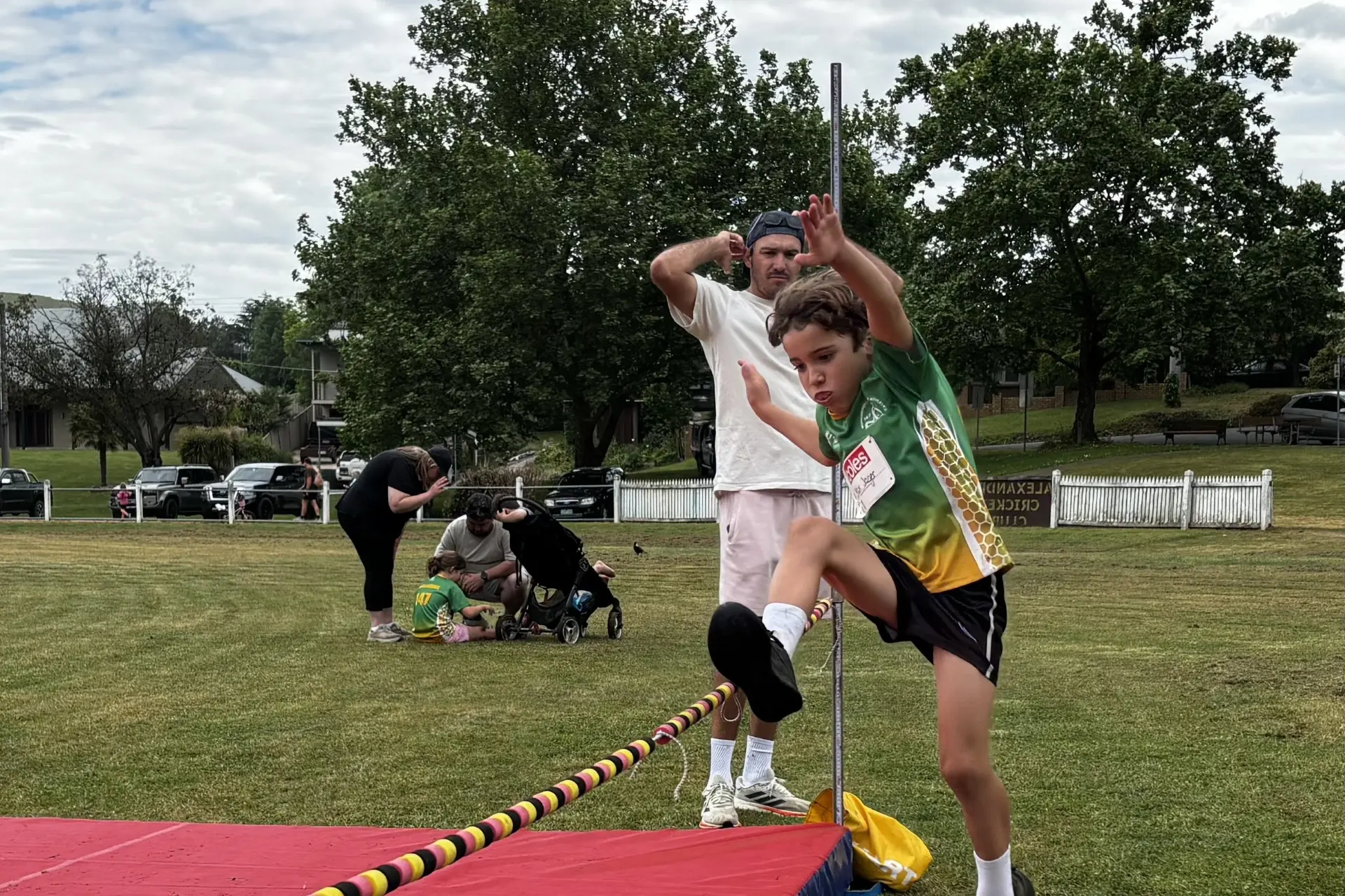 <p>OFF THE GROUND: Max heading over the high jump.</p>\\n